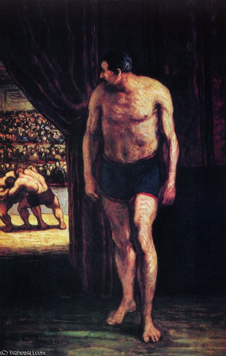 WikiOO.org - Encyclopedia of Fine Arts - Schilderen, Artwork Honoré Daumier - Lutteurs de cirque, huile sur panneau Fighters of circus, oils on panel
