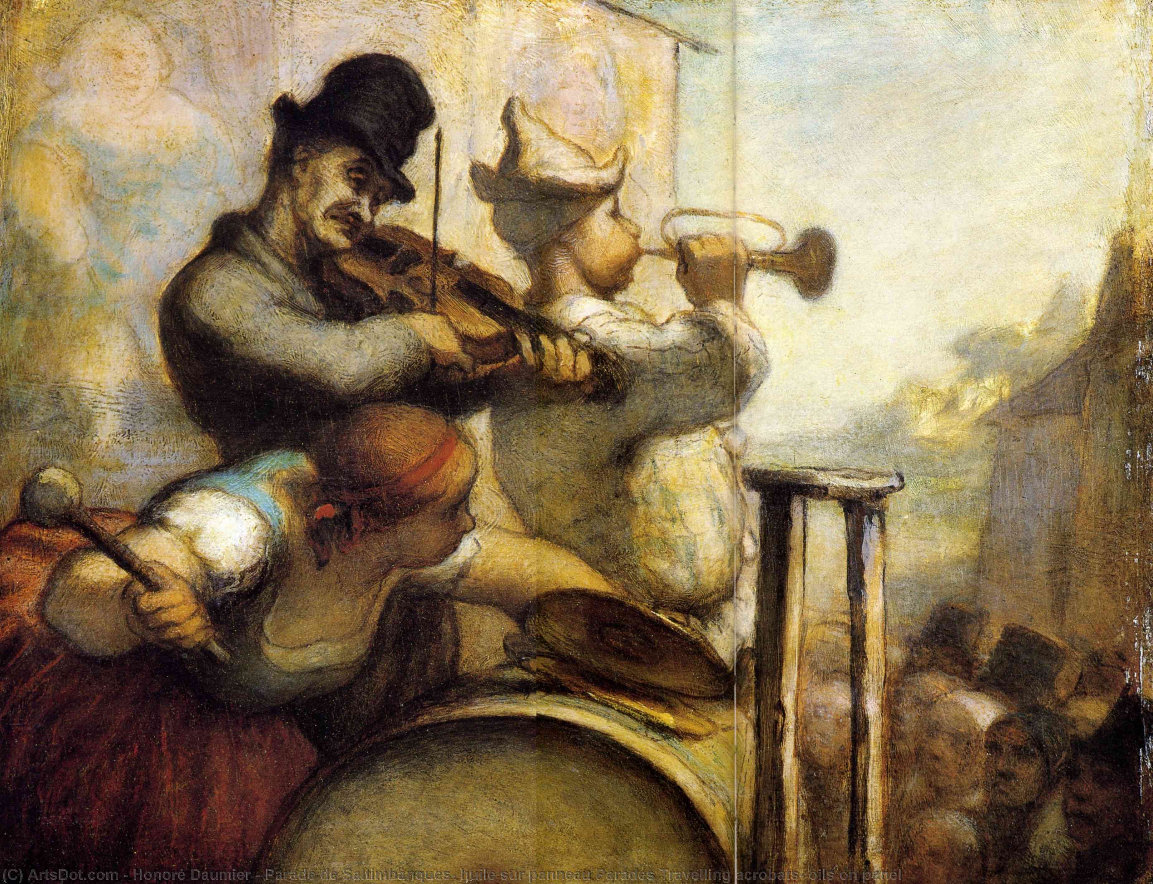 Wikioo.org - The Encyclopedia of Fine Arts - Painting, Artwork by Honoré Daumier - Parade de Saltimbanques, huile sur panneau Parades Travelling acrobats, oils on panel
