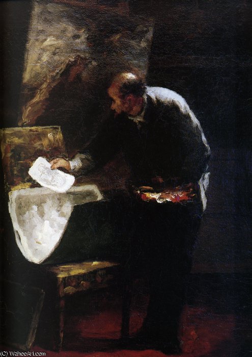 WikiOO.org – 美術百科全書 - 繪畫，作品 Honoré Daumier - PEINTRE feuilletant联合国纸箱德DESSIN，HUILE河畔PANNEAU画家划分成片绘图的纸板，在面板油