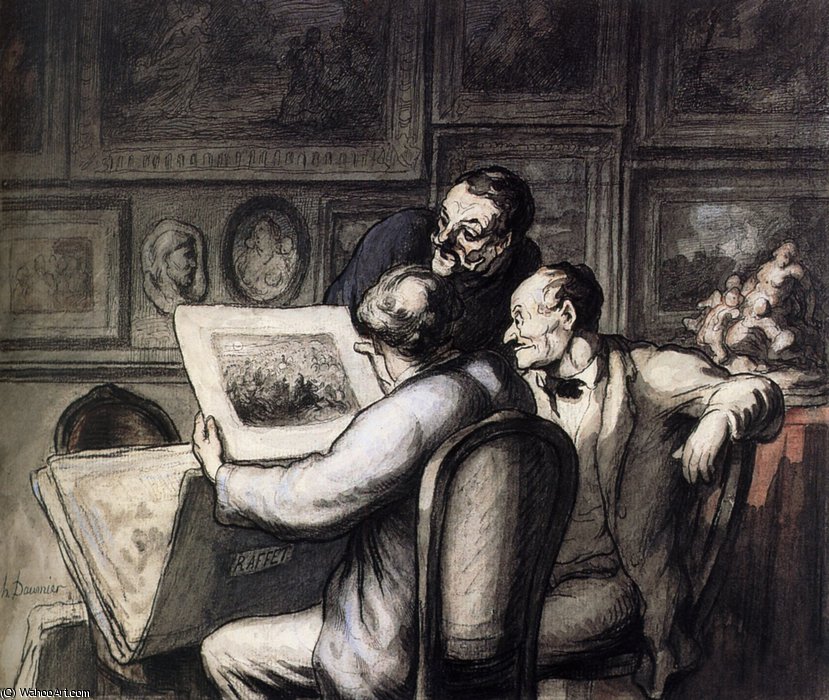 WikiOO.org - Encyclopedia of Fine Arts - Maľba, Artwork Honoré Daumier - Trois amateurs devant la Revue Nocturne de Raffet Three amateurs in front of the Night Review of Raffet