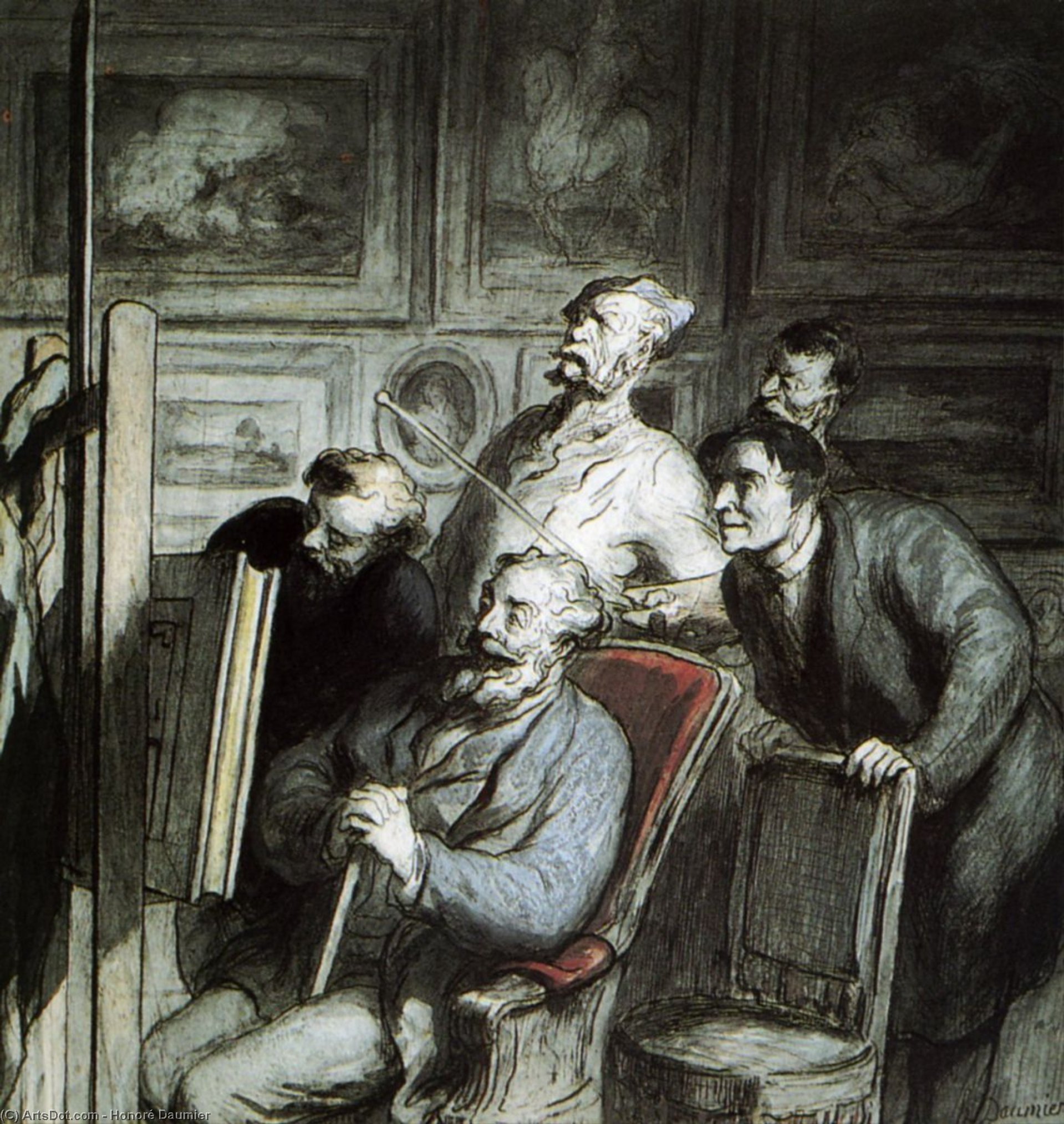 WikiOO.org – 美術百科全書 - 繪畫，作品 Honoré Daumier - Visiteurs 丹斯 l'atelier d'un peintre , 彩色蜡笔 黑色 羽 水彩画 水粉画 游客  在  车间 的 一个 画家