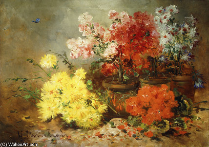 Wikioo.org - The Encyclopedia of Fine Arts - Painting, Artwork by Eugene Henri Cauchois - Daisies, Begonia, And Other Flowers In Pots