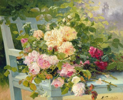 Wikioo.org - The Encyclopedia of Fine Arts - Painting, Artwork by Eugene Henri Cauchois - Roses On The Bench