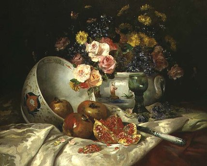 Wikioo.org - The Encyclopedia of Fine Arts - Painting, Artwork by Eugene Henri Cauchois - Still Life Of Flowers In A Chinese Vase With Pomegranates