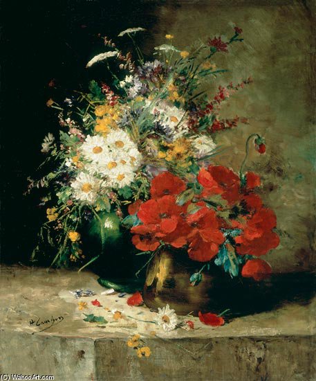 Wikioo.org - The Encyclopedia of Fine Arts - Painting, Artwork by Eugene Henri Cauchois - Still Life With Corn Poppy