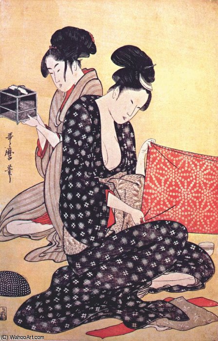 Wikioo.org - The Encyclopedia of Fine Arts - Painting, Artwork by Kitagawa Utamaro - women making dresses (center panel)