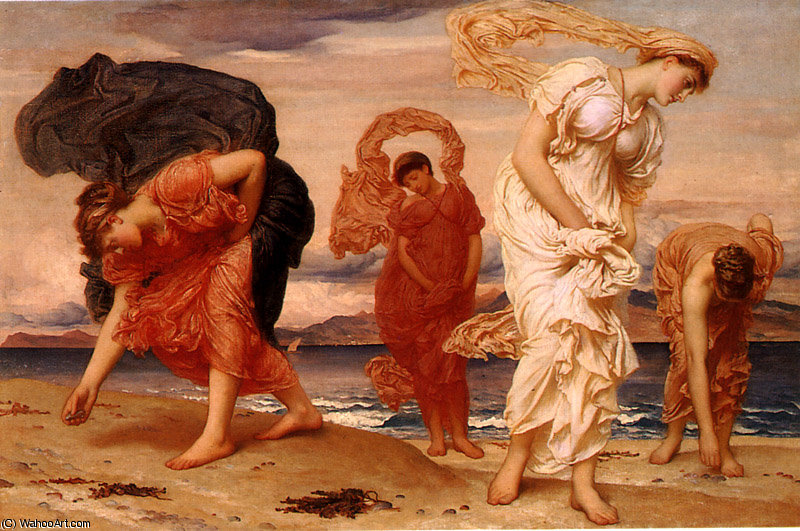 WikiOO.org – 美術百科全書 - 繪畫，作品 Lord Frederic Leighton - 希腊女孩捡起鹅卵石海边