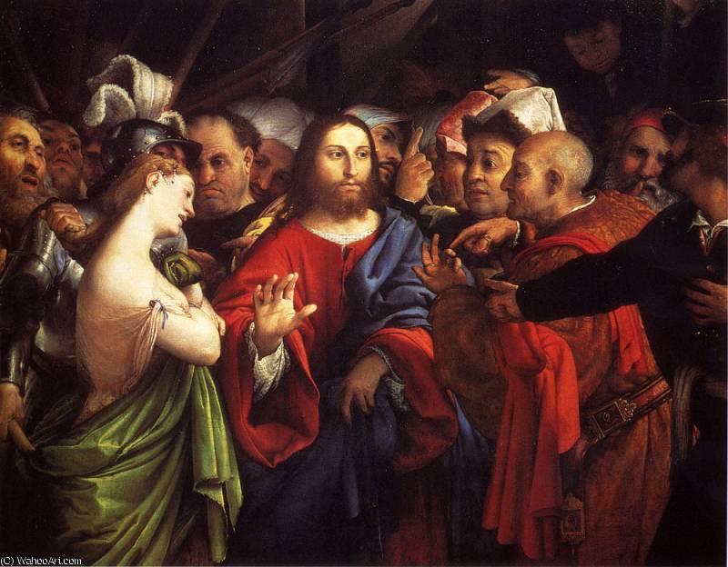 Wikoo.org - موسوعة الفنون الجميلة - اللوحة، العمل الفني Lorenzo Lotto - christ and the adulteress