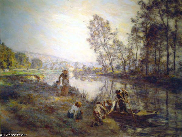 Wikioo.org - The Encyclopedia of Fine Arts - Painting, Artwork by Léon Augustin L'hermitte - L_Hermitte Leon Augustin Figures by a Country Stream circa