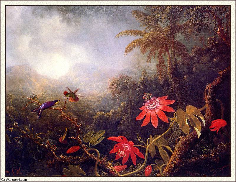Wikioo.org - The Encyclopedia of Fine Arts - Painting, Artwork by Martin Johnson Heade - passion flowers with three hummingbird