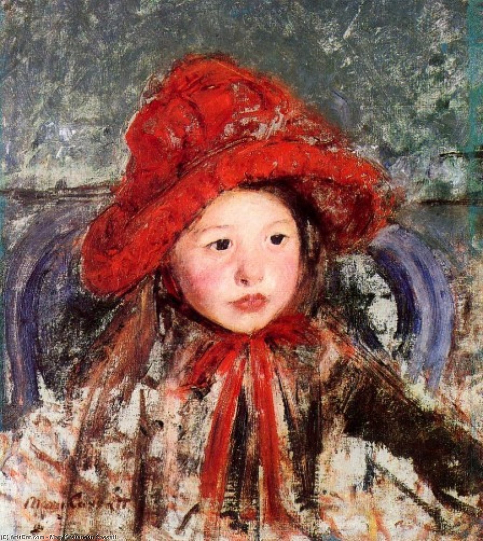 Wikioo.org - The Encyclopedia of Fine Arts - Painting, Artwork by Mary Stevenson Cassatt - Little Girl in a Large Red Hat
