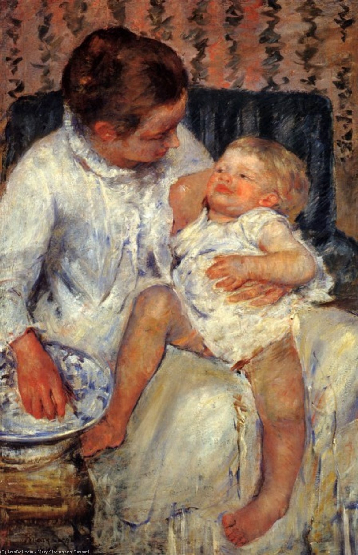 Wikioo.org - สารานุกรมวิจิตรศิลป์ - จิตรกรรม Mary Stevenson Cassatt - mother about to wash her sleepy child