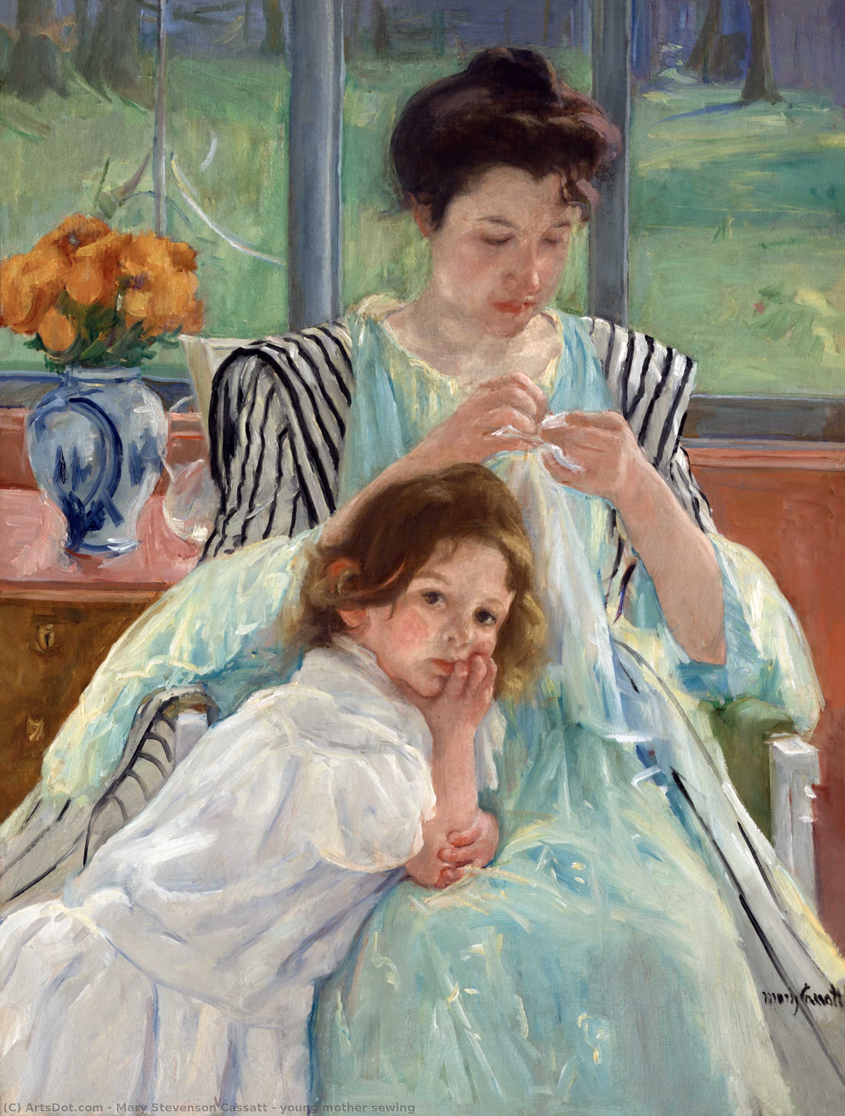 Wikioo.org - The Encyclopedia of Fine Arts - Painting, Artwork by Mary Stevenson Cassatt - young mother sewing