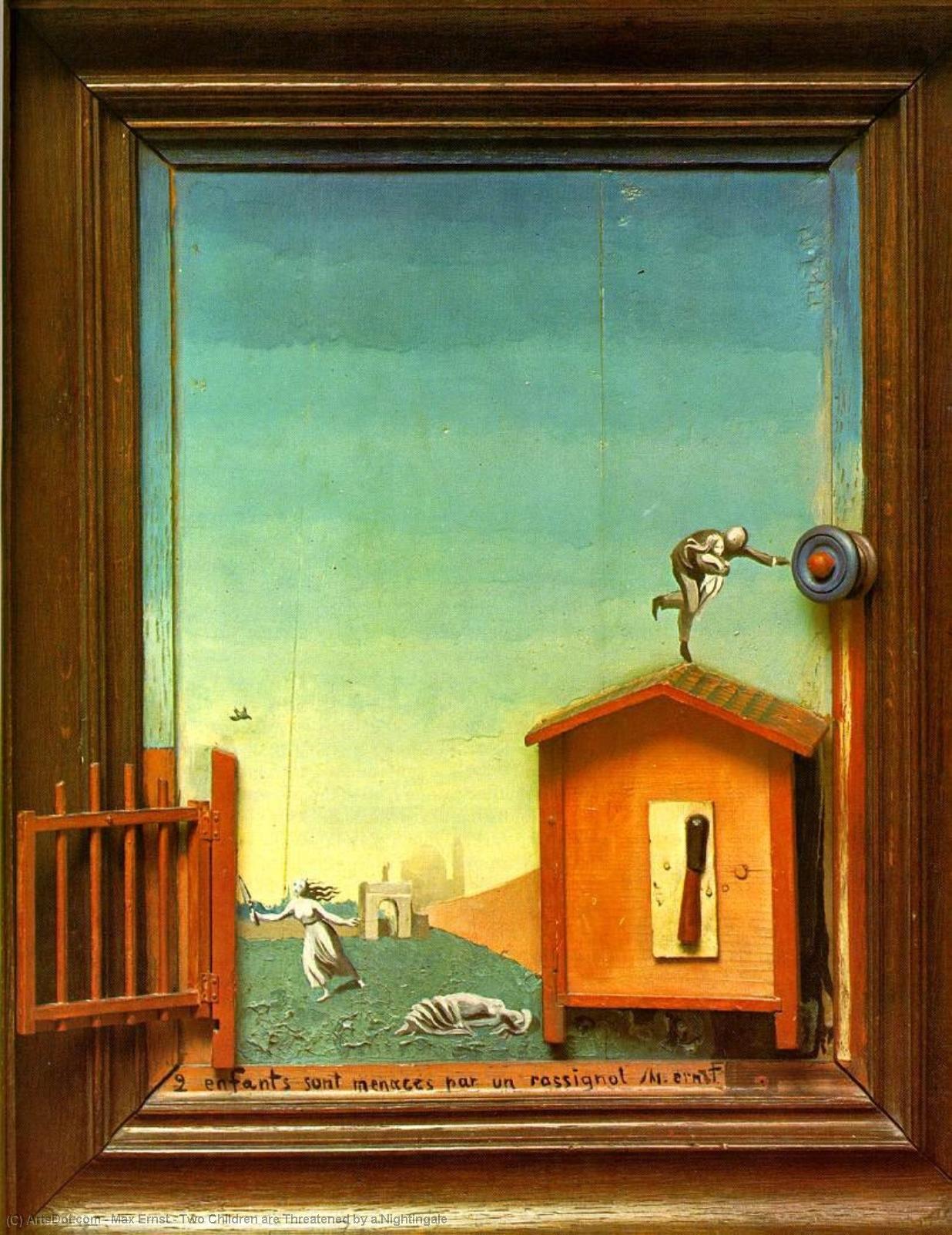 Wikioo.org - Die Enzyklopädie bildender Kunst - Malerei, Kunstwerk von Max Ernst - Zwei Kinder werden von einer Nachtigall bedroht