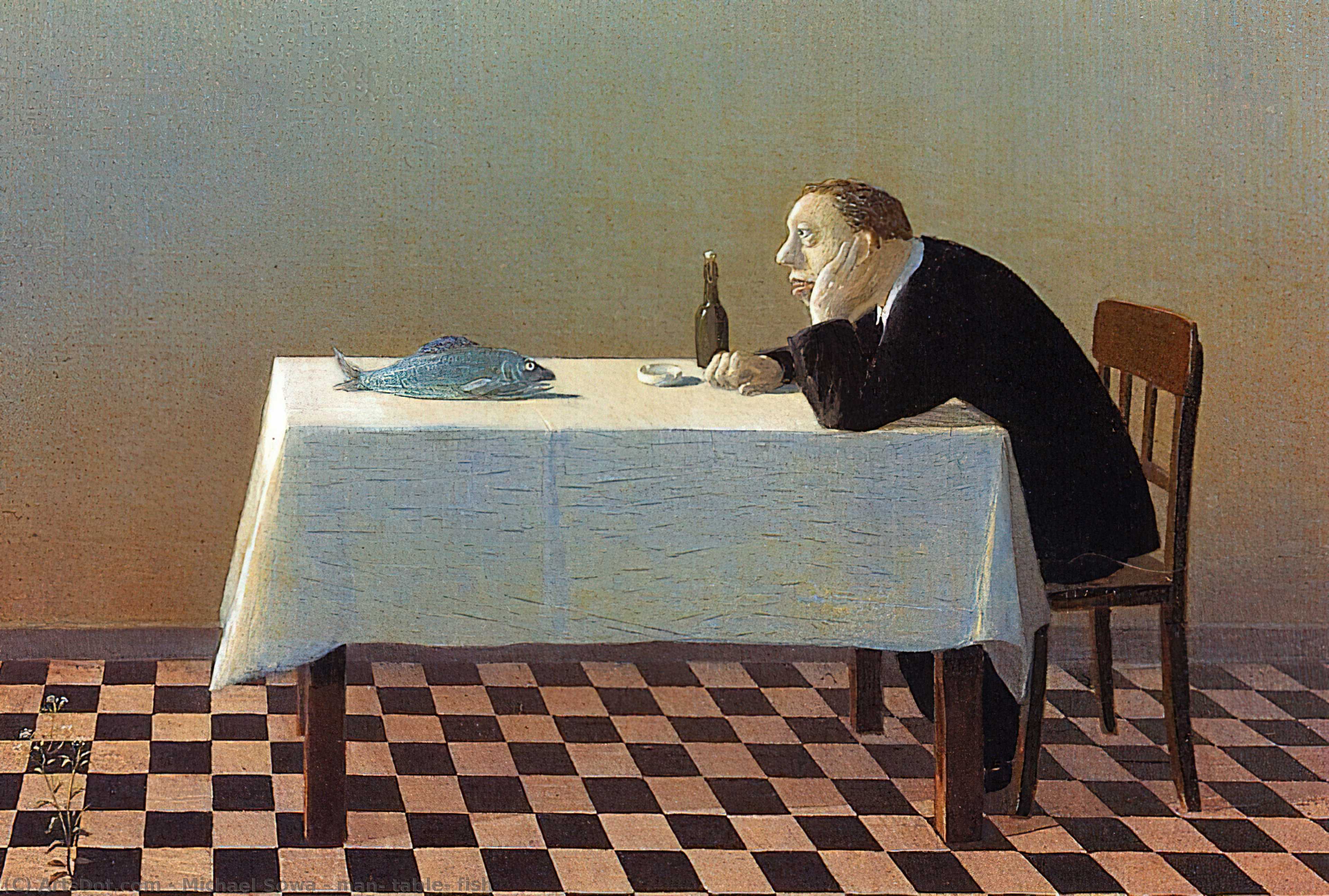Wikioo.org - The Encyclopedia of Fine Arts - Painting, Artwork by Michael Sowa - man, table, fish