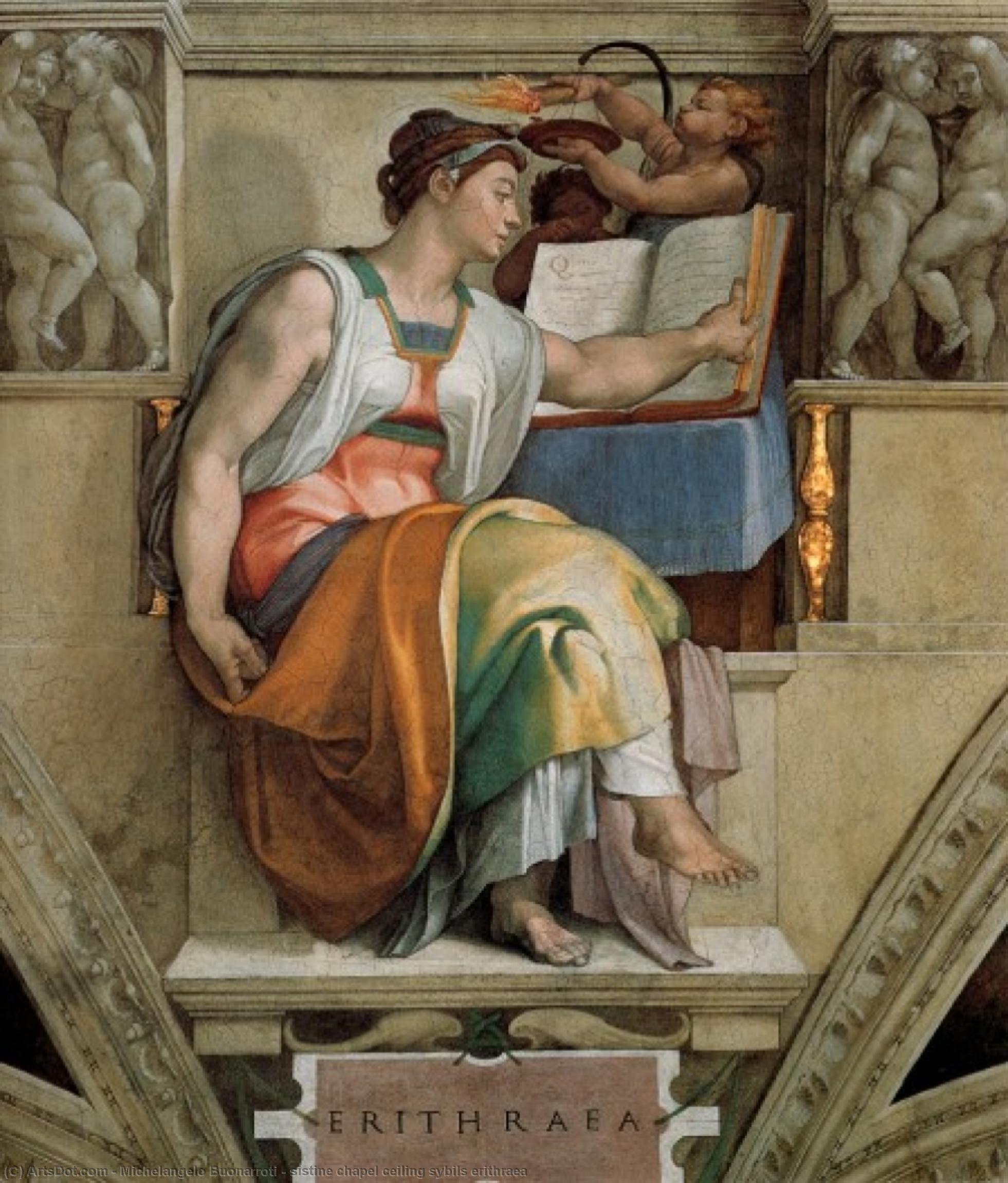 Wikioo.org – L'Encyclopédie des Beaux Arts - Peinture, Oeuvre de Michelangelo Buonarroti - chapelle sixtine plafond  sibylles erithraea