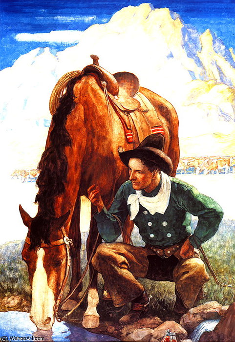 WikiOO.org - 百科事典 - 絵画、アートワーク Nc Wyeth - カウボーイは彼の馬をじょうろ