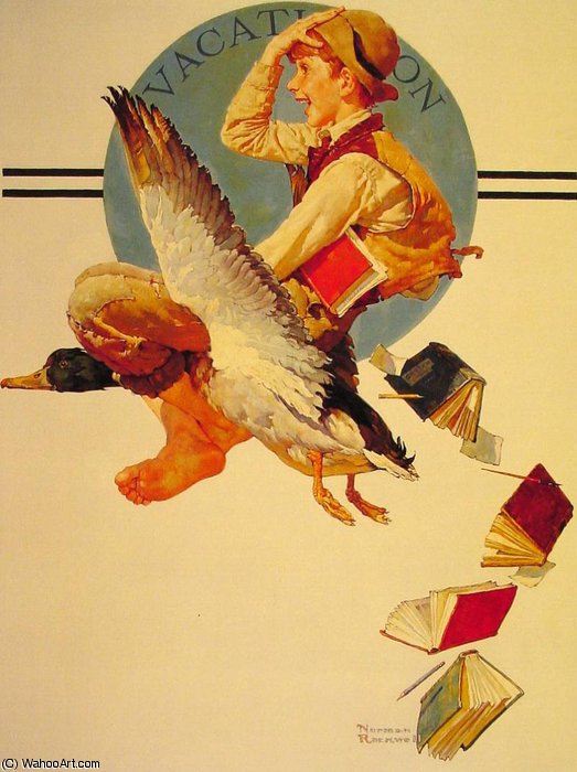 Wikioo.org - The Encyclopedia of Fine Arts - Painting, Artwork by Norman Rockwell - vacation boy riding goose