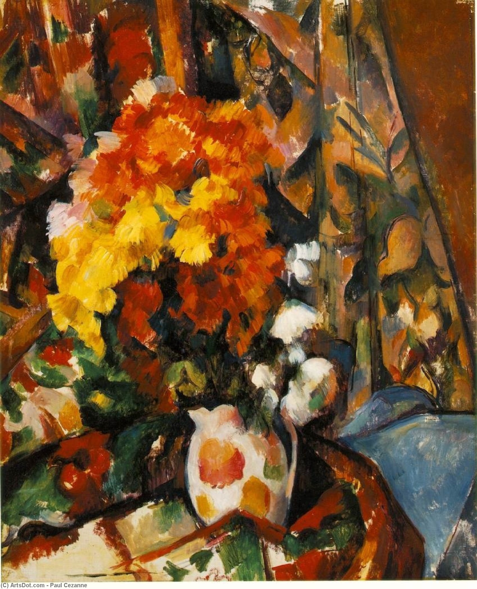 Wikoo.org - موسوعة الفنون الجميلة - اللوحة، العمل الفني Paul Cezanne - chrysanthemums (vase fleuri) -