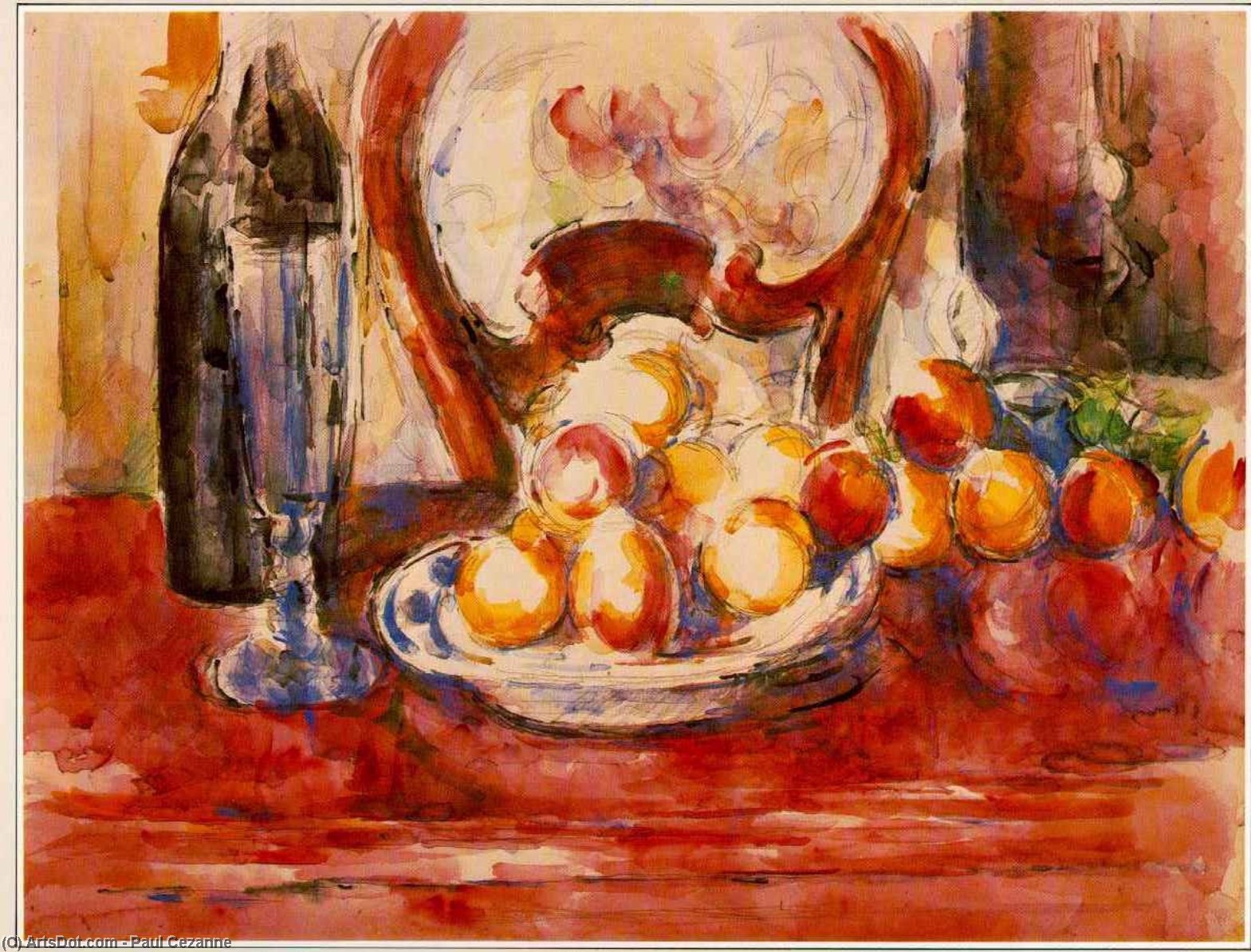 Wikioo.org - The Encyclopedia of Fine Arts - Painting, Artwork by Paul Cezanne - still life- apples, bottle and chairback