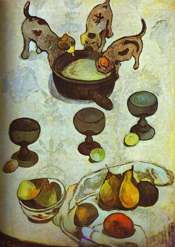 Wikioo.org – La Enciclopedia de las Bellas Artes - Pintura, Obras de arte de Paul Gauguin - bodegón con tres  perritos