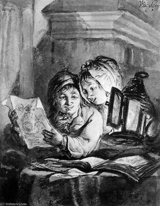Wikioo.org - The Encyclopedia of Fine Arts - Painting, Artwork by Abraham Van Strij - Boy and girl looking at drawings Sun