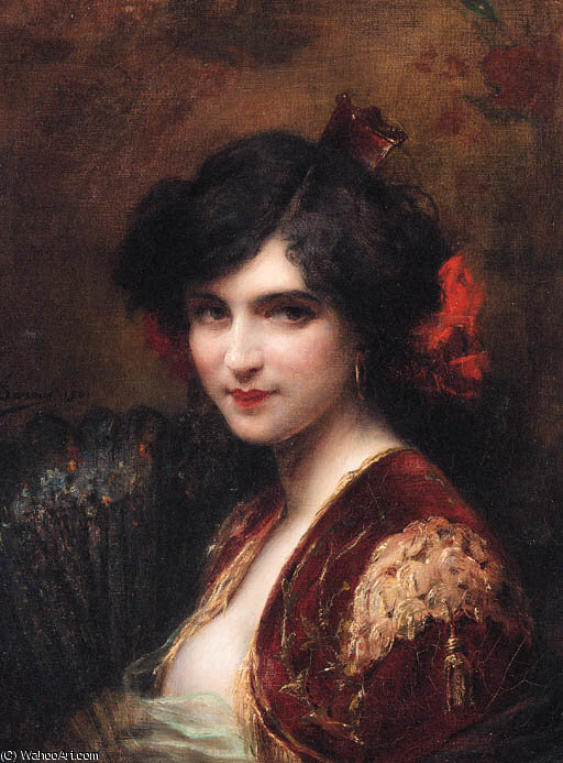 Wikioo.org - The Encyclopedia of Fine Arts - Painting, Artwork by Adrien Henri Tanoux - Portrait of a Spanish Lady bust length wearing a red jacket with gold brocade holding a fan