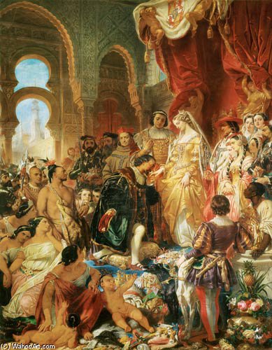 Wikioo.org - The Encyclopedia of Fine Arts - Painting, Artwork by Eugene Francois Marie Joseph Deveria - The Reception Of Christopher Columbus