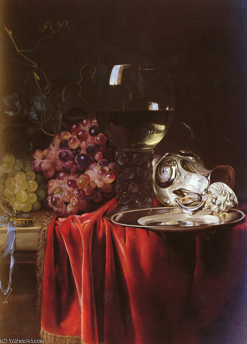 Wikioo.org - The Encyclopedia of Fine Arts - Painting, Artwork by Willem Van Aelst - A Still Life of Grapes, a Roemer, a Silver Ewer And a Plate