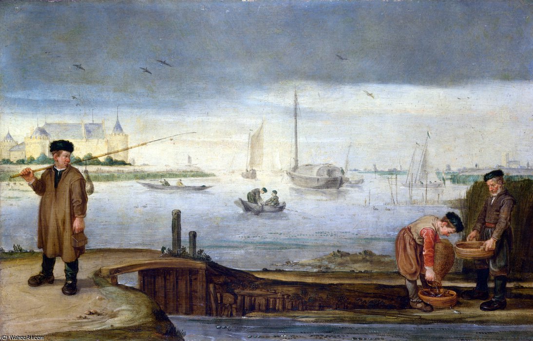 WikiOO.org - Encyclopedia of Fine Arts - Maleri, Artwork Arent Arentsz Cabel - Fishermen near Muiden Castle