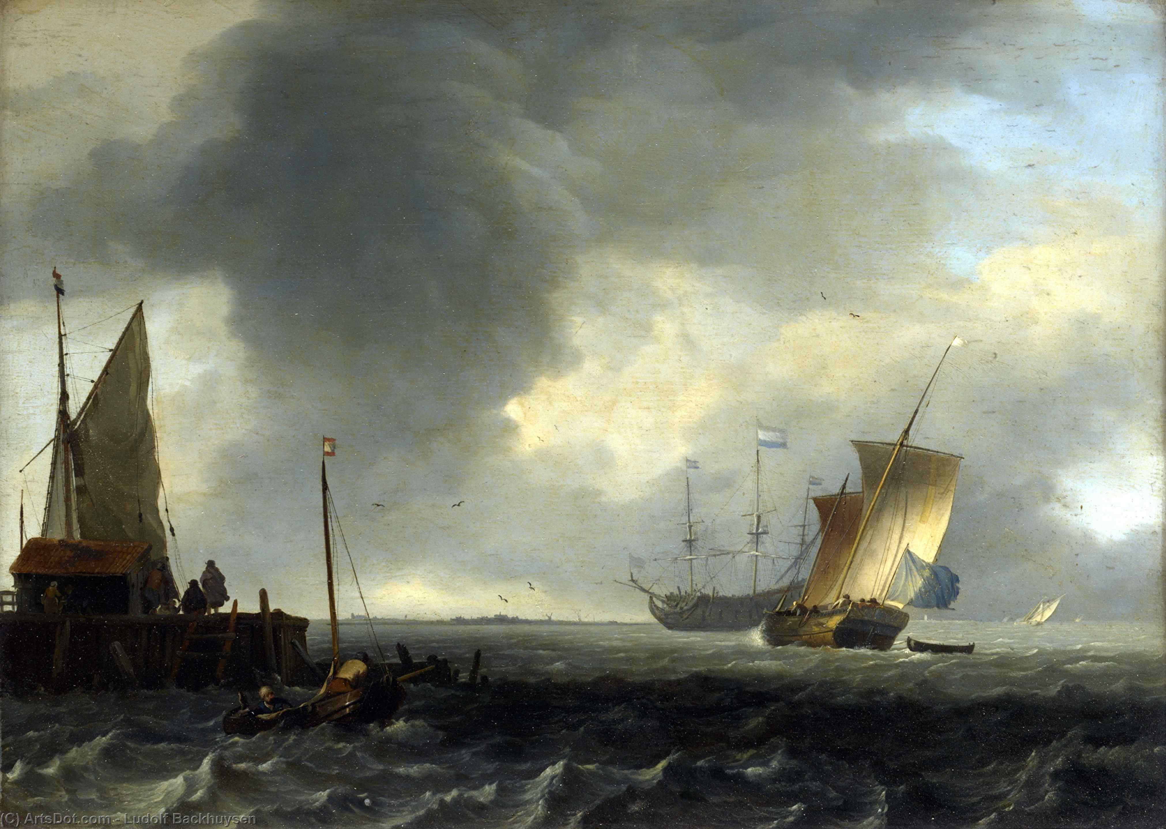 WikiOO.org - Encyclopedia of Fine Arts - Schilderen, Artwork Ludolf Backhuysen - A View across a River near Dordrecht