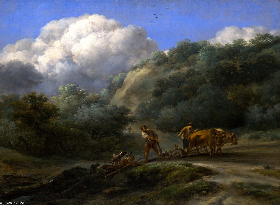 Wikioo.org - Bách khoa toàn thư về mỹ thuật - Vẽ tranh, Tác phẩm nghệ thuật Nicolaes Berchem - A Man and a Youth ploughing with Oxen