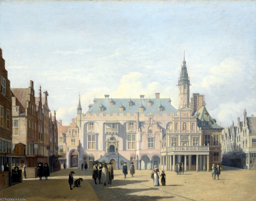 Wikioo.org - The Encyclopedia of Fine Arts - Painting, Artwork by Gerrit Adriaenszoon Berckheyde - The Market Place and Town Hall, Haarlem