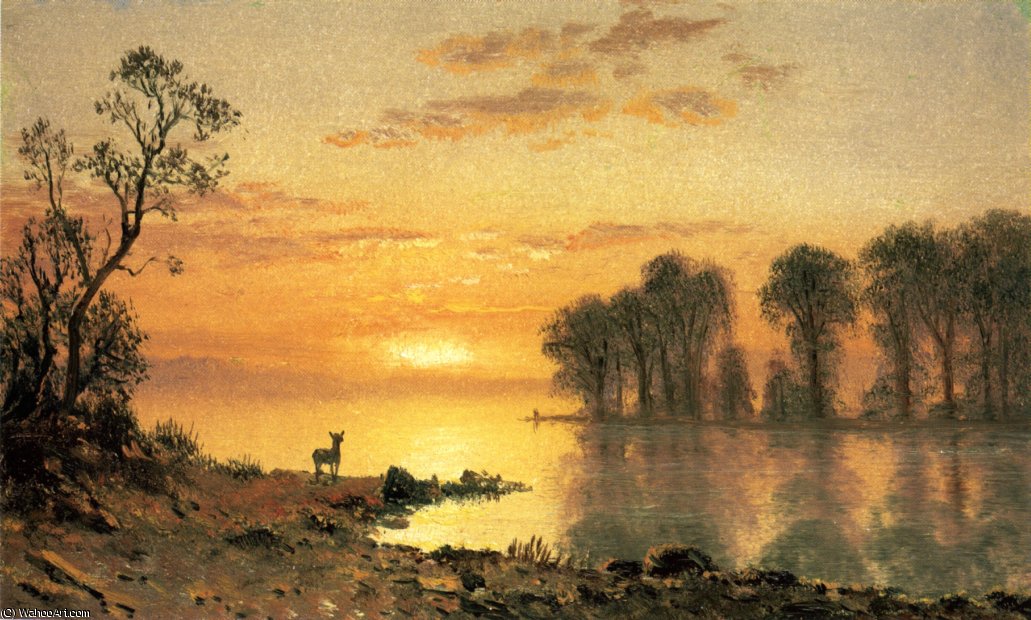 Wikioo.org - The Encyclopedia of Fine Arts - Painting, Artwork by Albert Bierstadt - Sunset Deer and River