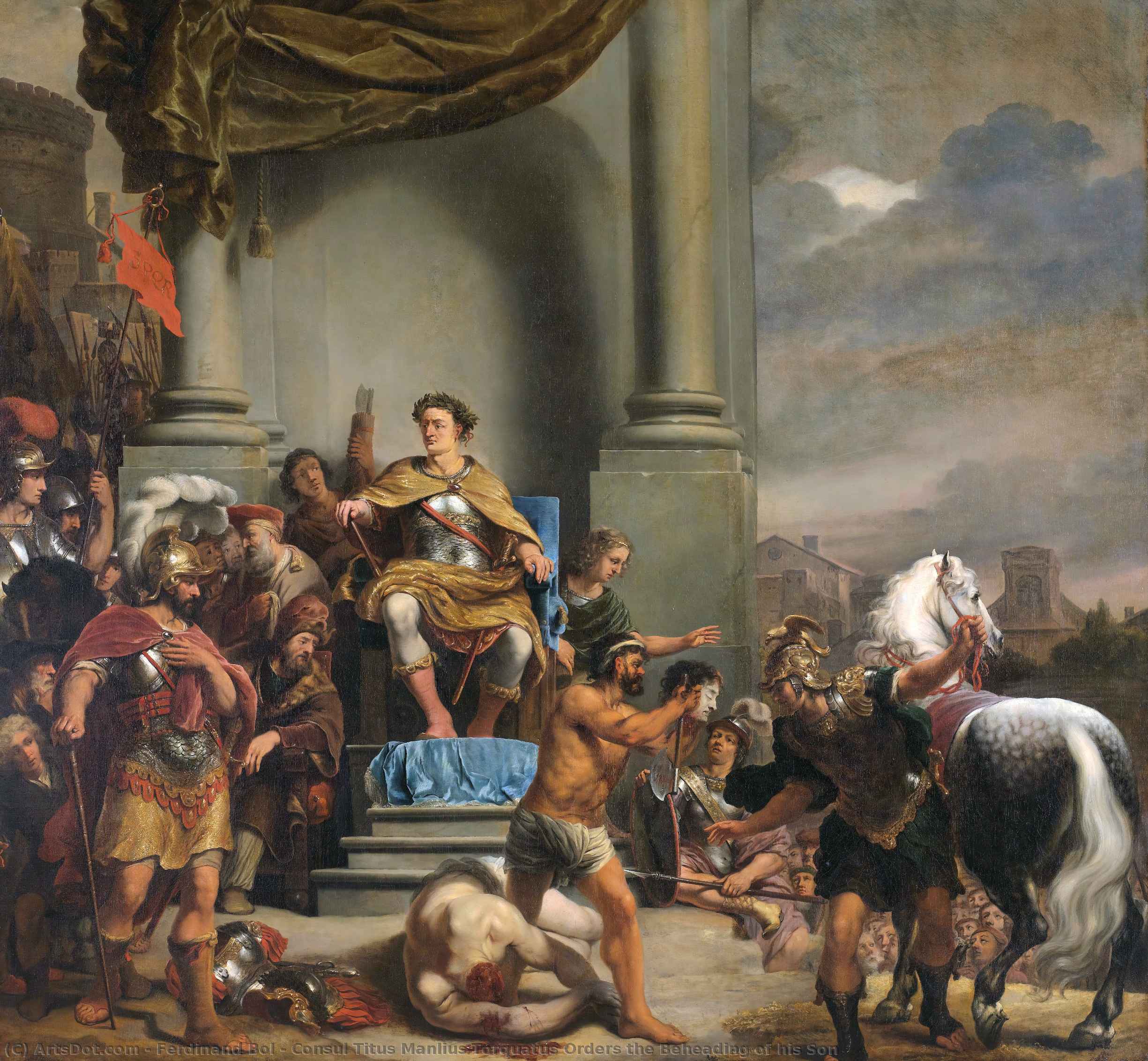 Wikioo.org - The Encyclopedia of Fine Arts - Painting, Artwork by Ferdinand Bol - Consul titus manlius torquatus beheading his son