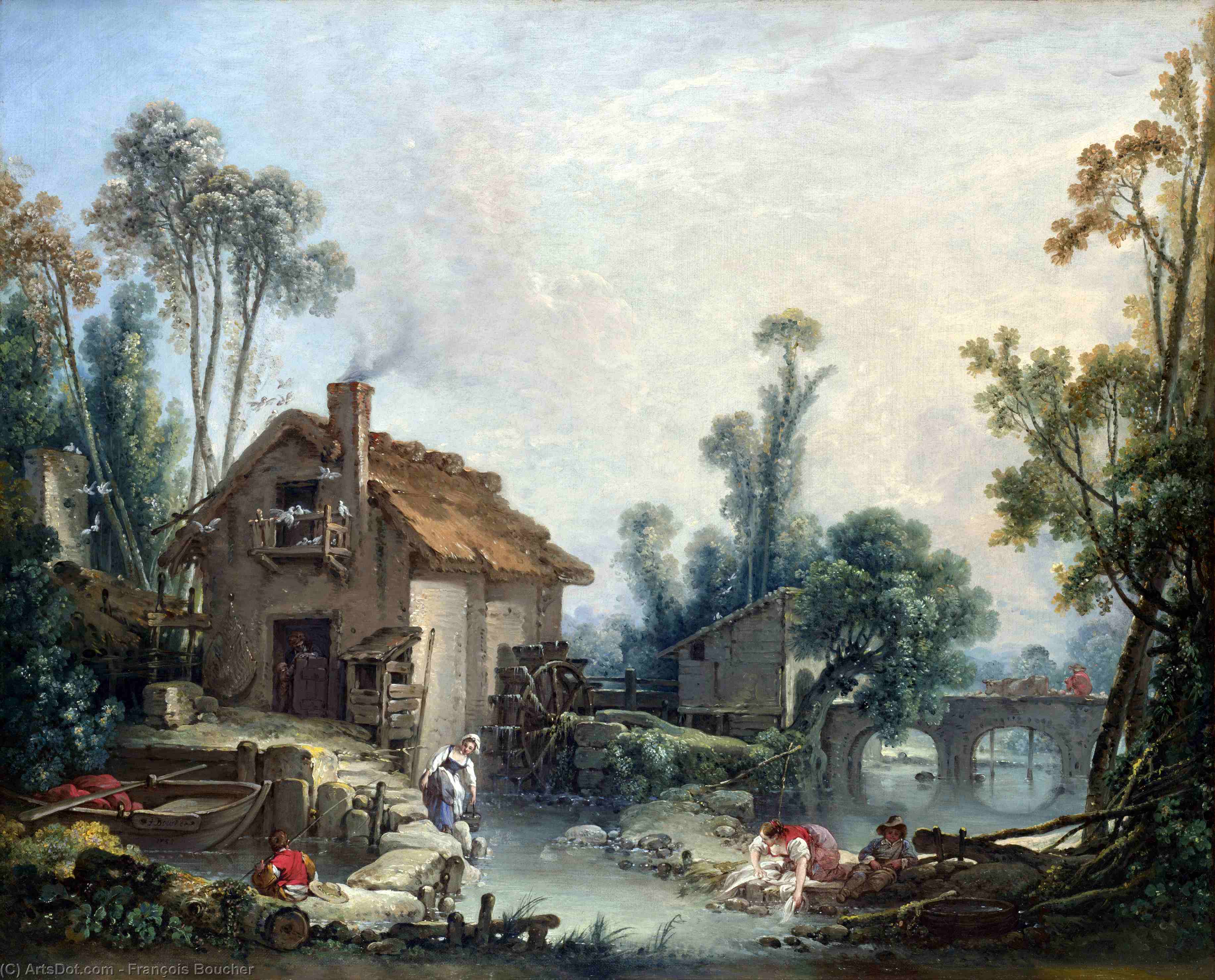 Wikoo.org - موسوعة الفنون الجميلة - اللوحة، العمل الفني François Boucher - Landscape with a Watermill