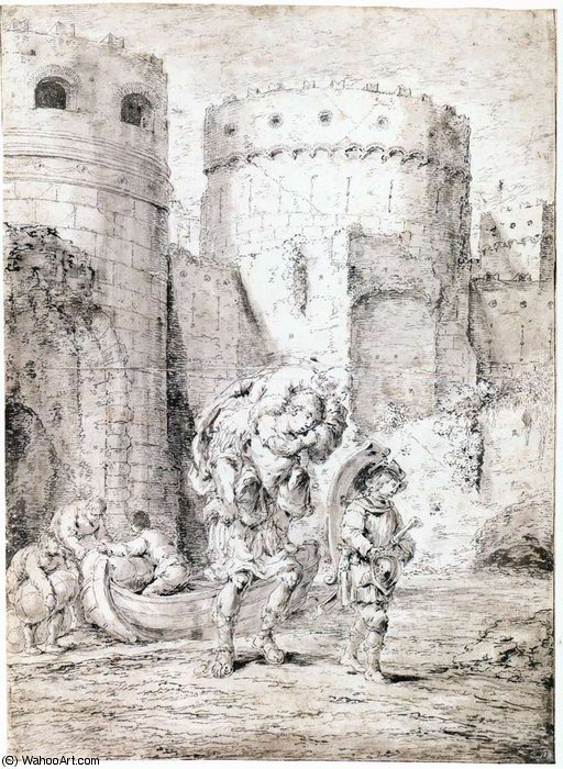 Wikioo.org – L'Enciclopedia delle Belle Arti - Pittura, Opere di Leonaert Bramer - Anchias in fuga Troy con il padre e figlio