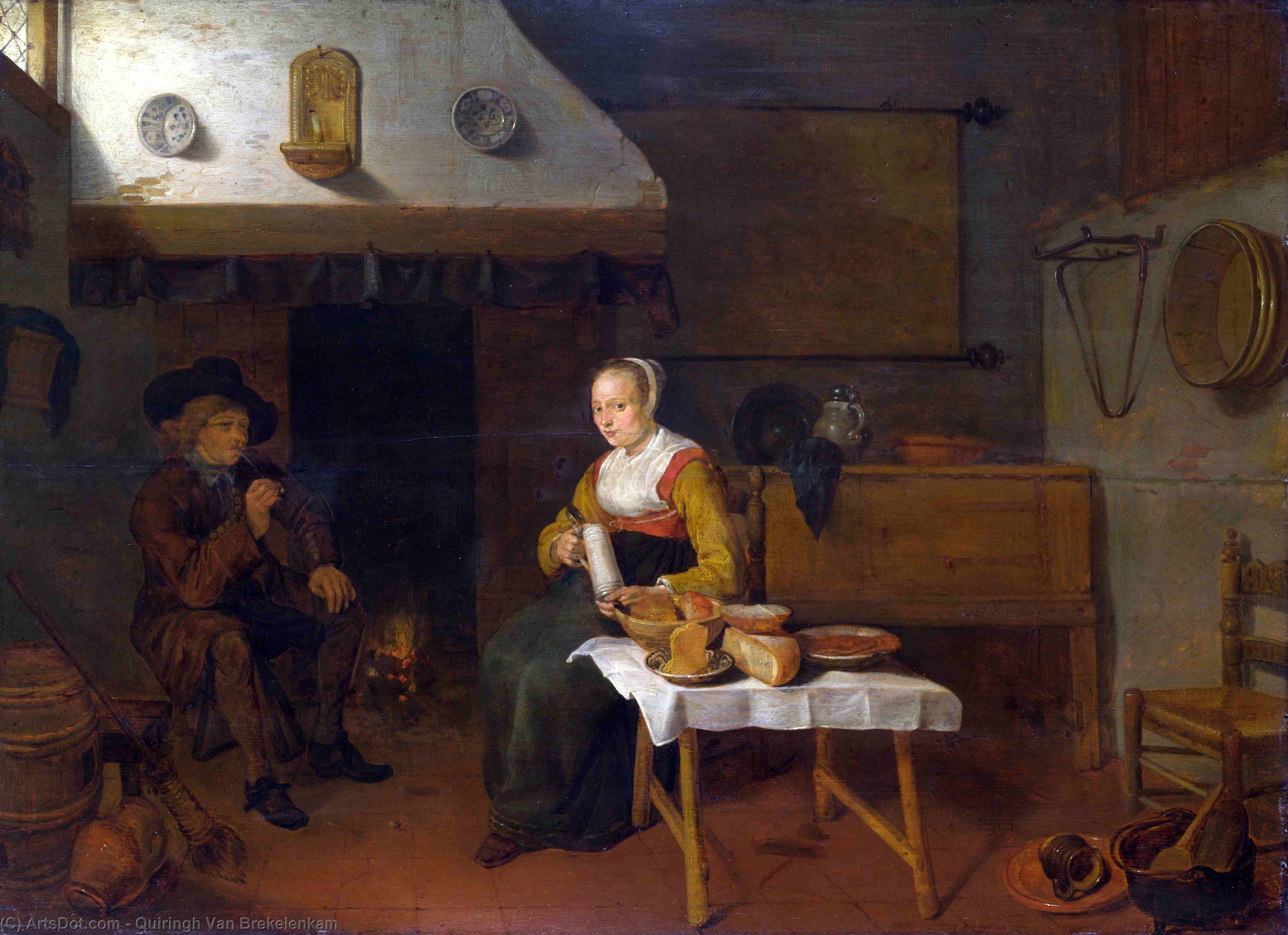 Wikioo.org - The Encyclopedia of Fine Arts - Painting, Artwork by Quiringh Gerritsz Van Brekelenkam - An Interior, with a Man and a Woman seated by a Fire