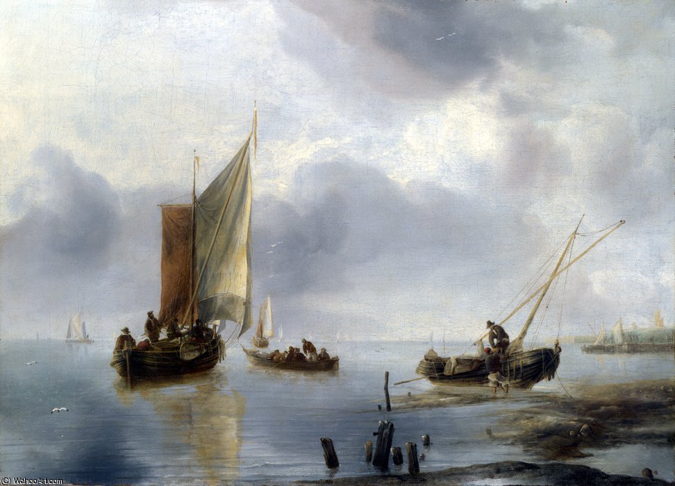 Wikioo.org - The Encyclopedia of Fine Arts - Painting, Artwork by Jan Van De Cappelle - A Small Vessel in Light Airs, and Another Ashore