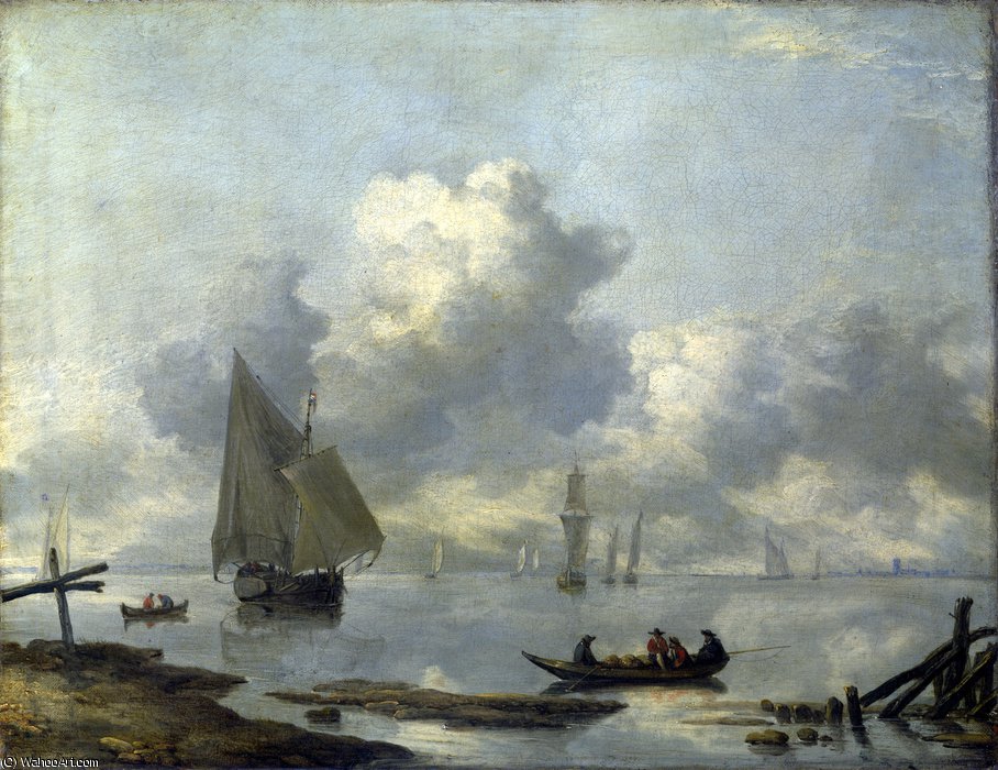 Wikioo.org - The Encyclopedia of Fine Arts - Painting, Artwork by Jan Van De Cappelle - Vessels in Light Airs on a River near a Town