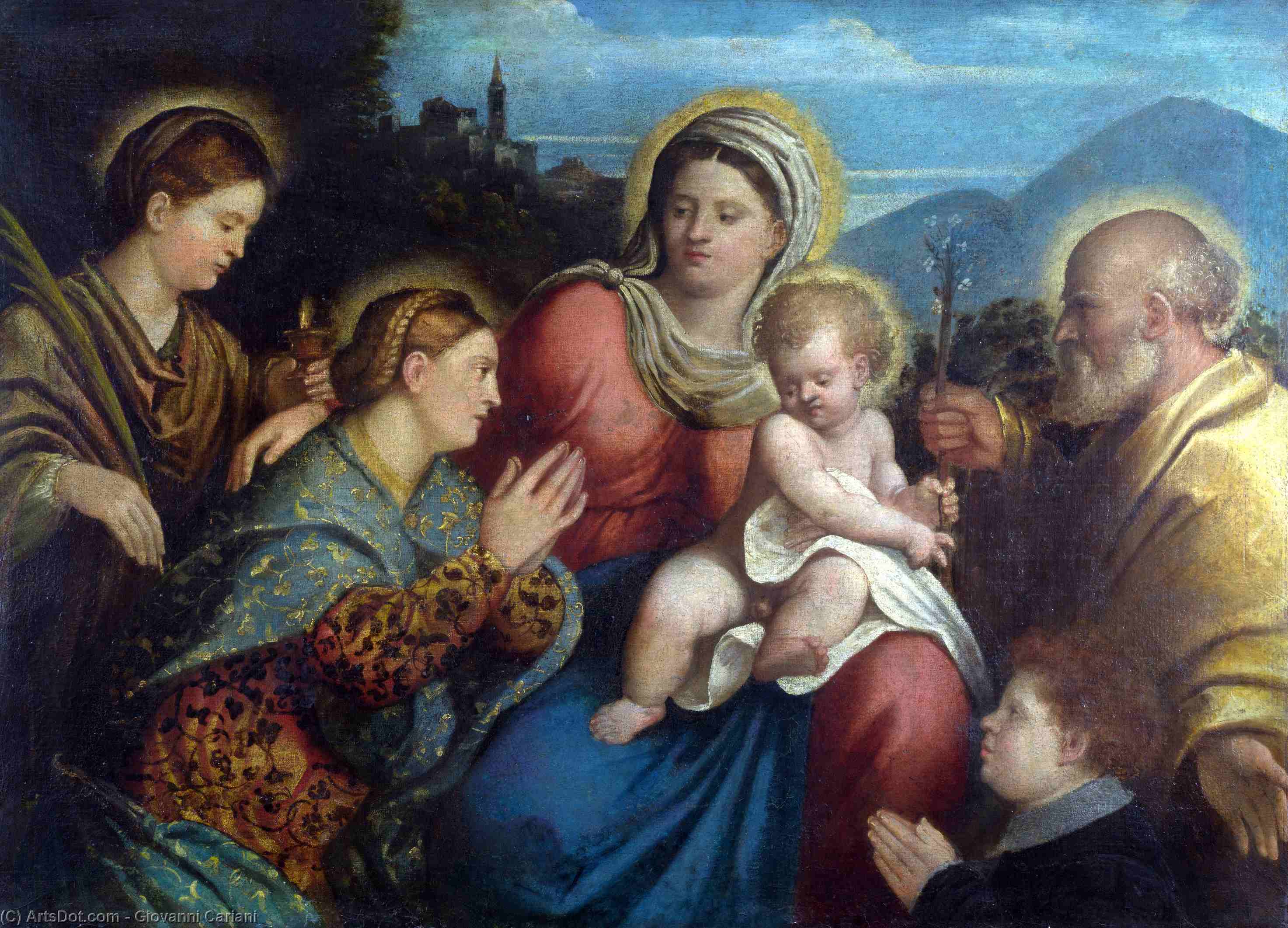 Wikioo.org - The Encyclopedia of Fine Arts - Painting, Artwork by Giovanni Cariani - The Holy Family with Saints and a Donor