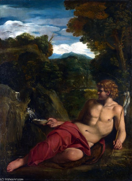 Wikioo.org – L'Encyclopédie des Beaux Arts - Peinture, Oeuvre de Annibale Carracci - saint jean le baptiste Assis  dans  la  désert