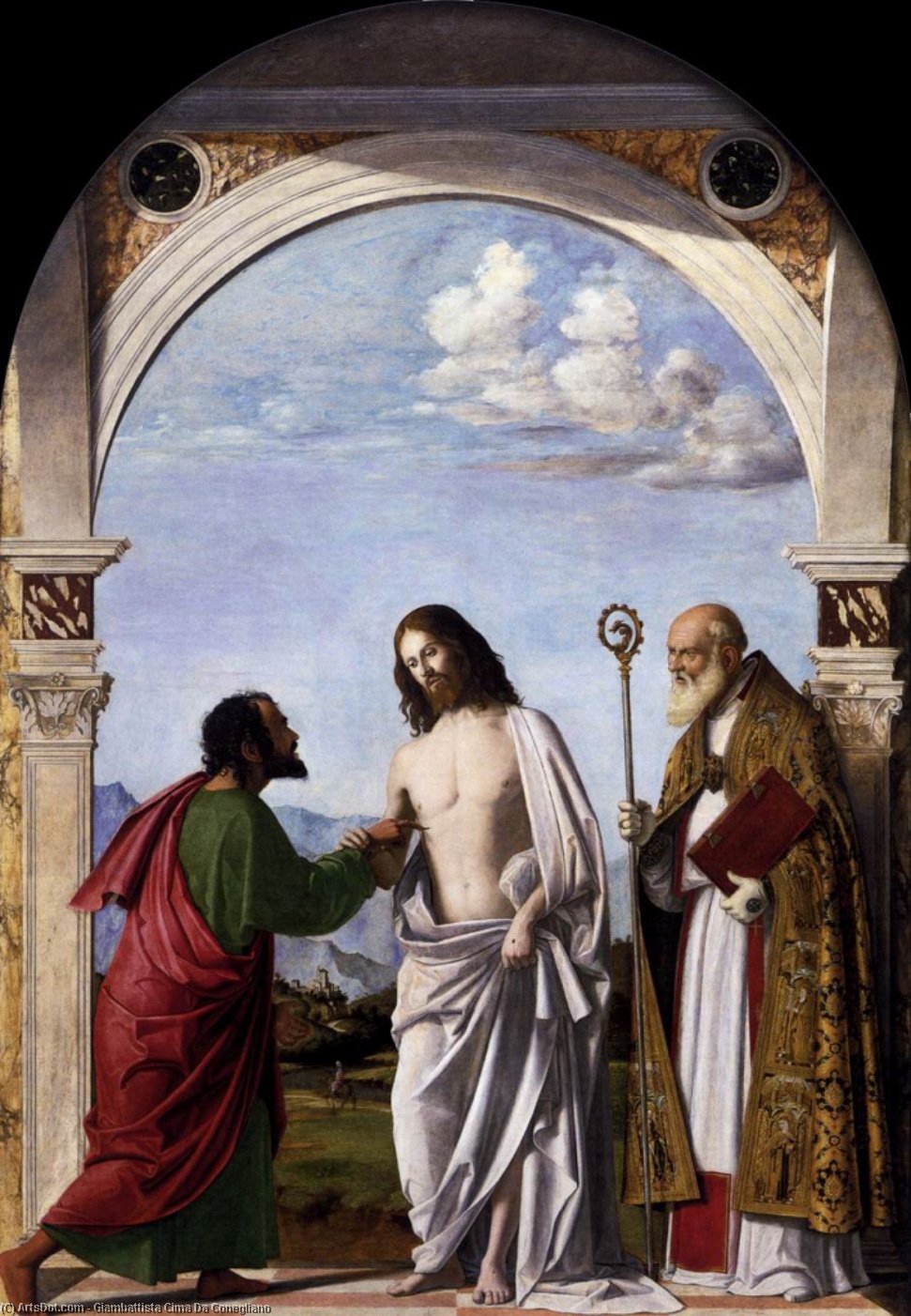 Wikioo.org - The Encyclopedia of Fine Arts - Painting, Artwork by Giovanni Battista Cima Da Conegliano - Incredulity of St Thomas with Bishop Magno