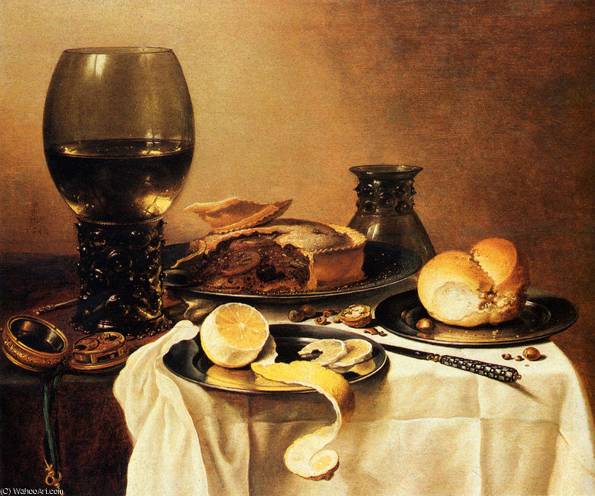 Wikioo.org - The Encyclopedia of Fine Arts - Painting, Artwork by Pieter Claesz Soutman - Breakfast Still Life With Roemer Meat Pie Lemon and Bread