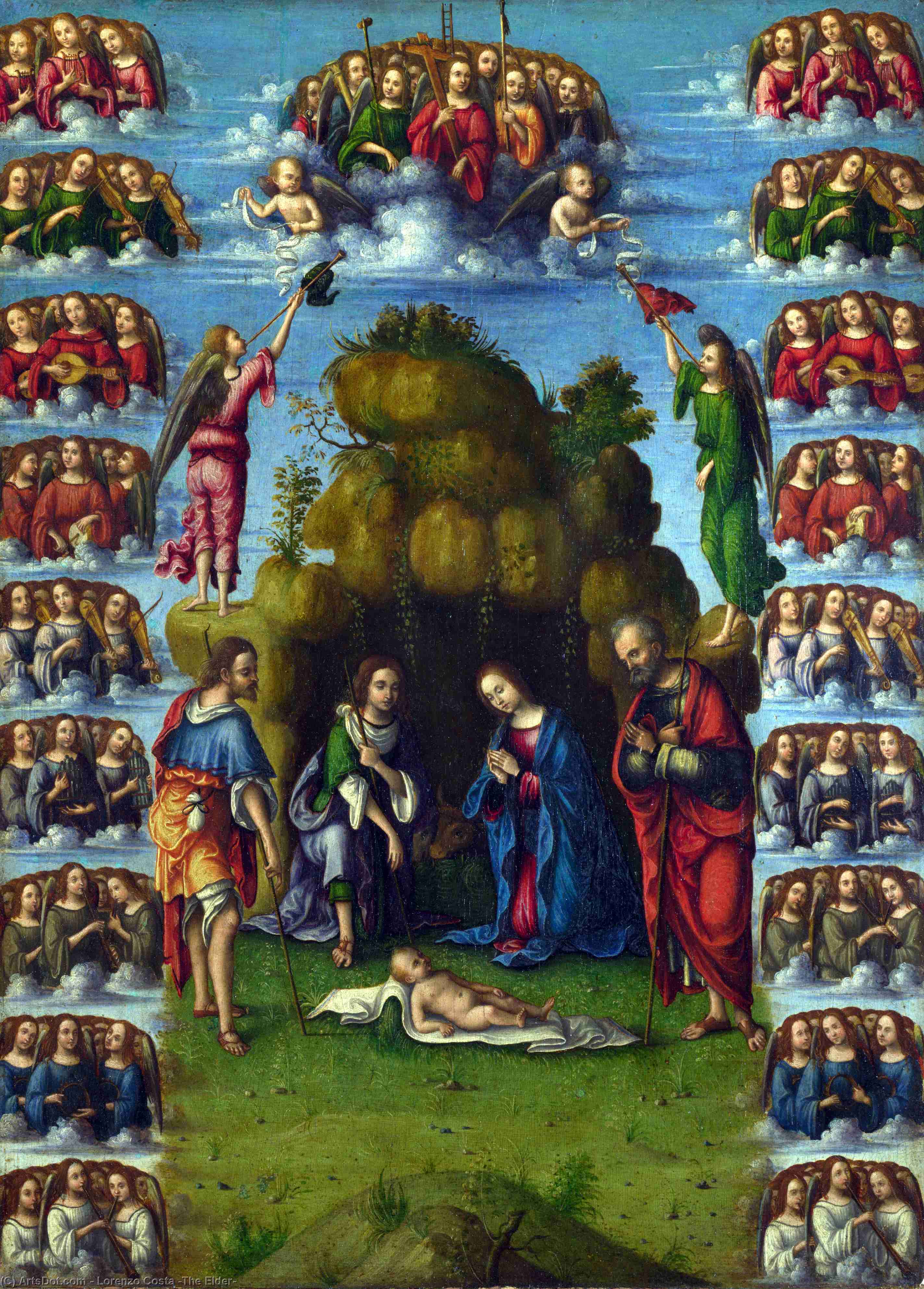 WikiOO.org - Enciclopédia das Belas Artes - Pintura, Arte por Lorenzo Costa (The Elder) - Adoration of the Shepherds with Angels
