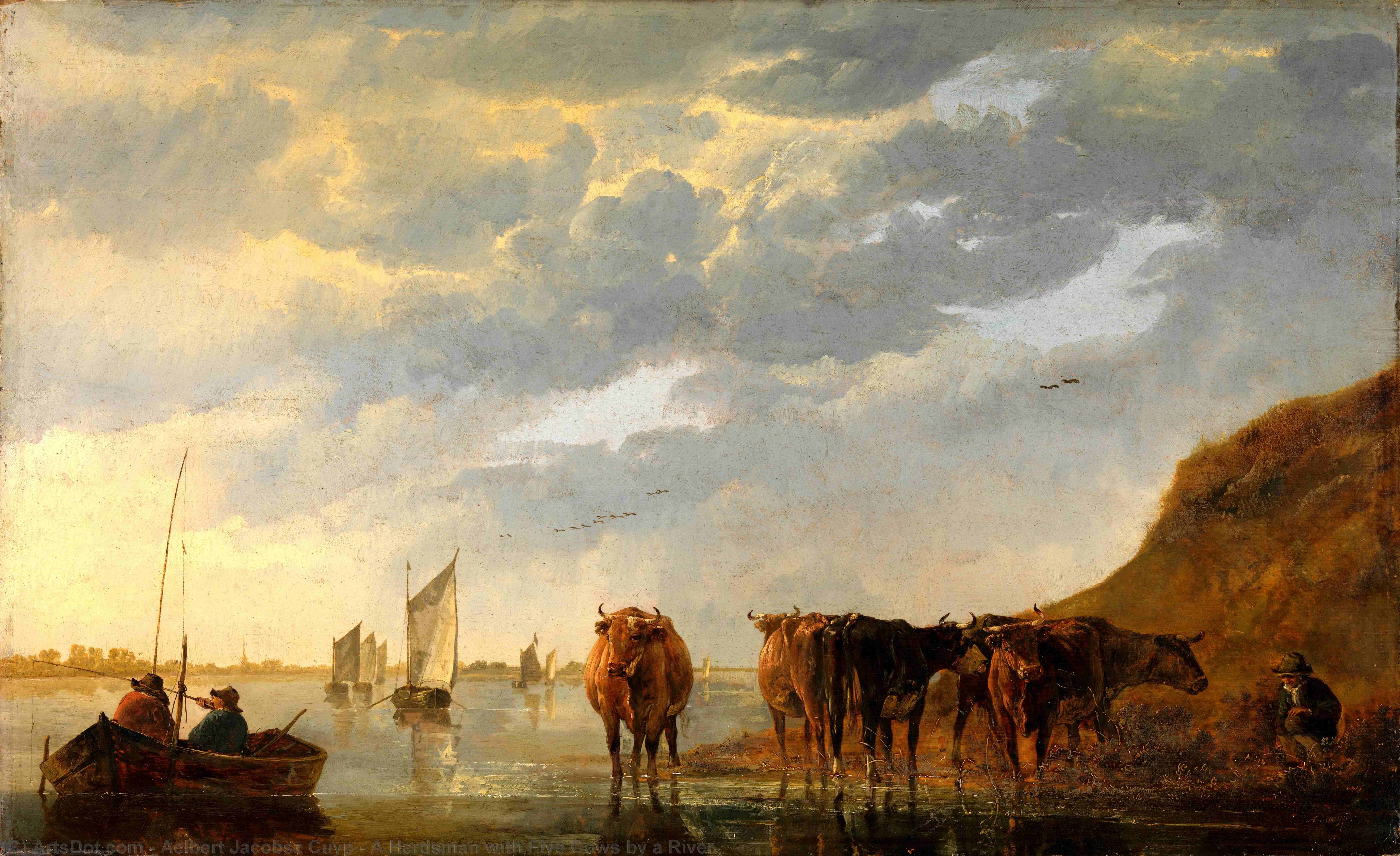 Wikioo.org - สารานุกรมวิจิตรศิลป์ - จิตรกรรม Aelbert Jacobsz Cuyp - A Herdsman with Five Cows by a River