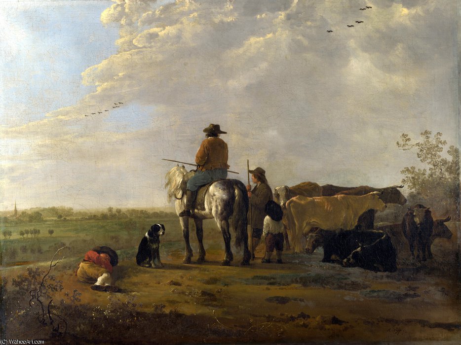 Wikioo.org - The Encyclopedia of Fine Arts - Painting, Artwork by Aelbert Jacobsz Cuyp - A Landscape with Horseman, Herders and Cattle