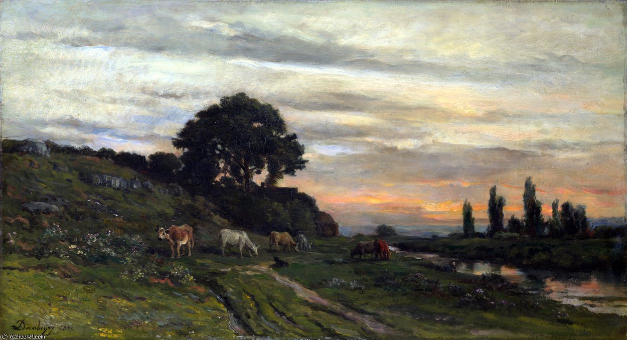 Wikioo.org - The Encyclopedia of Fine Arts - Painting, Artwork by Charles François Daubigny - Landscape with Cattle by a Stream