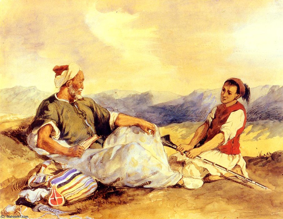 Wikioo.org – La Enciclopedia de las Bellas Artes - Pintura, Obras de arte de Eugène Delacroix - dos Marroquíes  sentada  para  el  campiña
