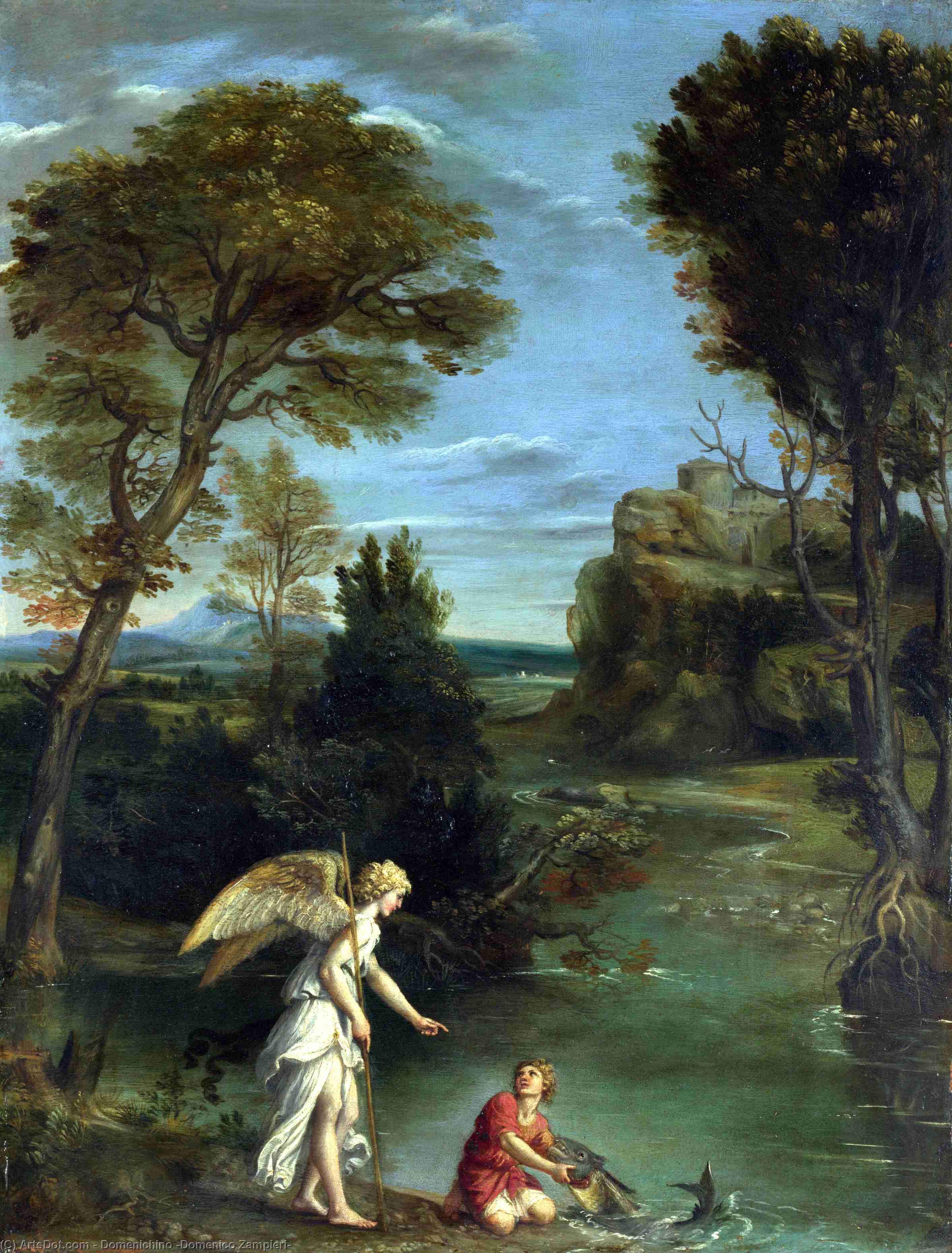 Wikioo.org - Die Enzyklopädie bildender Kunst - Malerei, Kunstwerk von Domenichino (Domenico Zampieri) - Landschaft mit Tobias legend halten von dem Fische